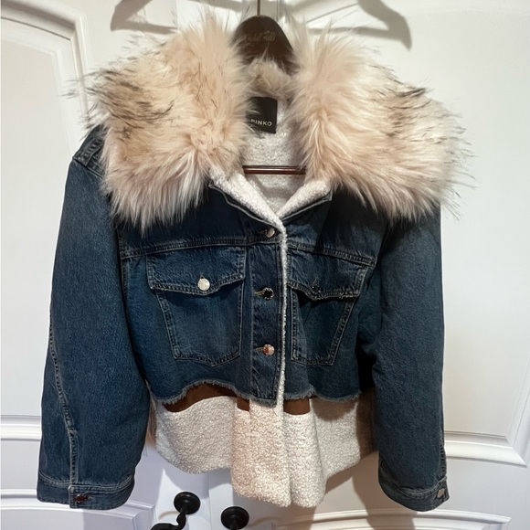 PINKO Faux Fur Trimmed Denim Jacket Size 12 - Picture 7 of 17